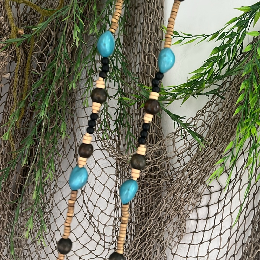 Extra long Beaded Necklace with acrylic Turquoise and Brown wooden beads 50”